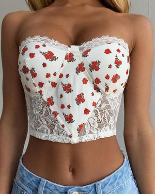 Top court sans manches en dentelle épissée à imprimé floral