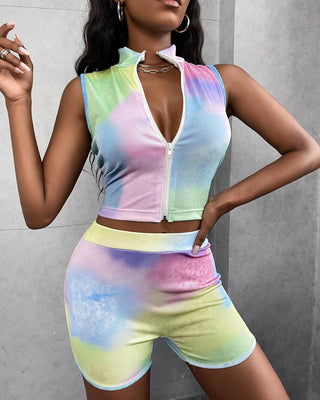 Ensemble haut et short à imprimé tie-dye Zipper Design