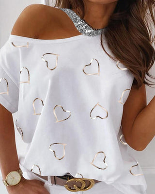 Haut à manches courtes à une épaule et paillettes à imprimé cœur