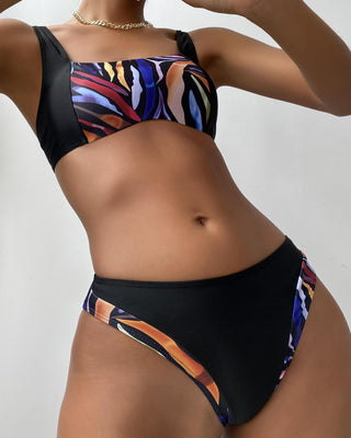 Ensemble de bikini col carré taille haute color block