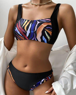 Ensemble de bikini col carré taille haute color block