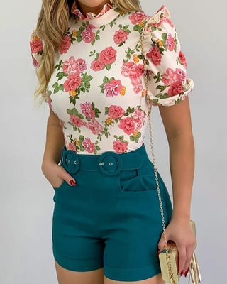 Ensemble top et short à manches bouffantes à imprimé floral