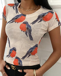 T-shirt à manches courtes à imprimé oiseaux