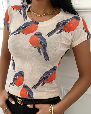 T-shirt à manches courtes à imprimé oiseaux