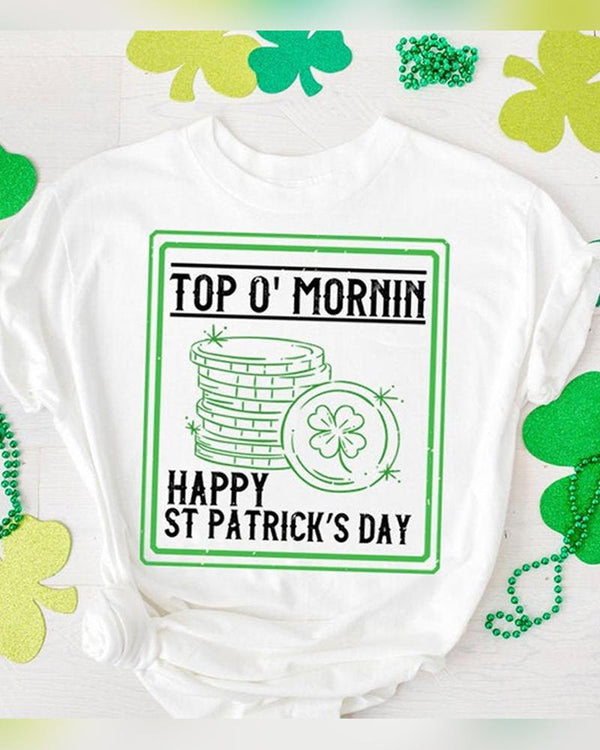 T-shirt à manches courtes imprimé trèfle et lettre de la Saint-Patrick