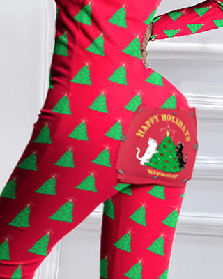 Pyjama fonctionnel à rabat boutonné imprimé arbre de Noël pour adultes