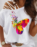 T-shirt à imprimé papillons et lacets à une épaule