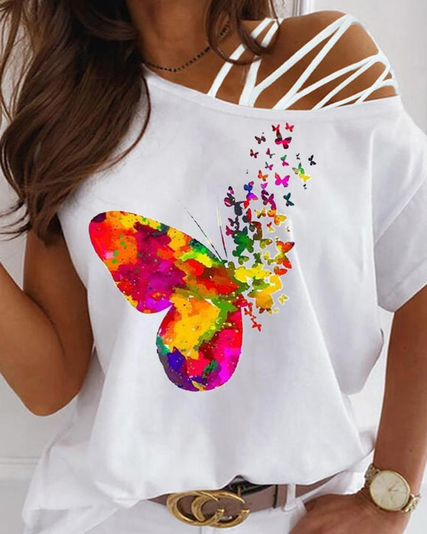 T-shirt à imprimé papillons et lacets à une épaule