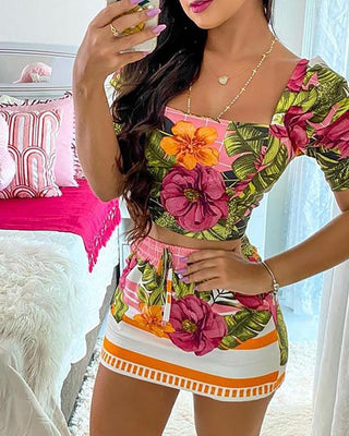 Ensemble top court à encolure carrée à imprimé tropical et jupe à cordon