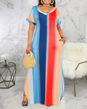 Robe Droite Col V Colorblock de Grande Taille