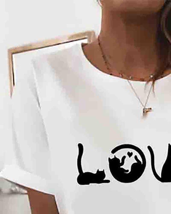 T-shirt basique en coton à col rond imprimé chat papillon / lettre