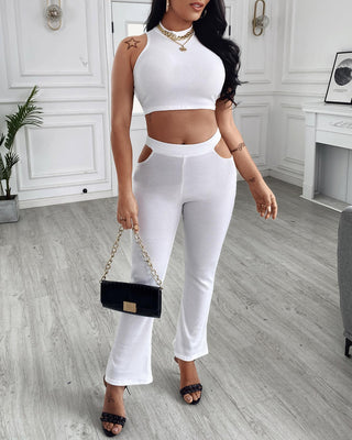 Ensembles de haut et de pantalon à découpes sans manches à col rond uni