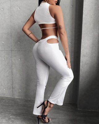 Ensembles de haut et de pantalon à découpes sans manches à col rond uni