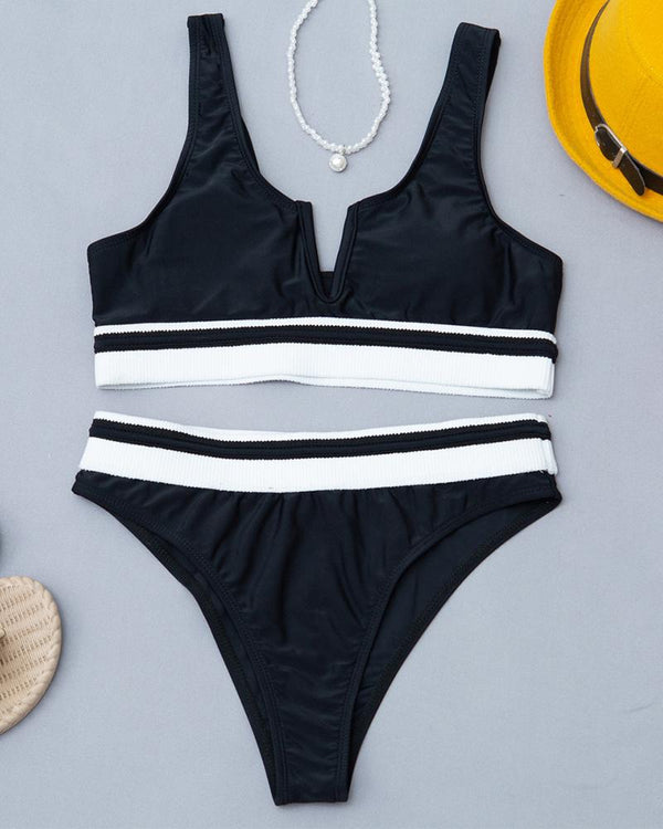 Ensemble de bikini à bretelles épaisses color-block à coupe en V