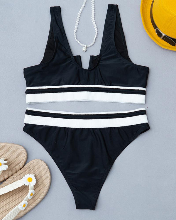 Ensemble de bikini à bretelles épaisses color-block à coupe en V