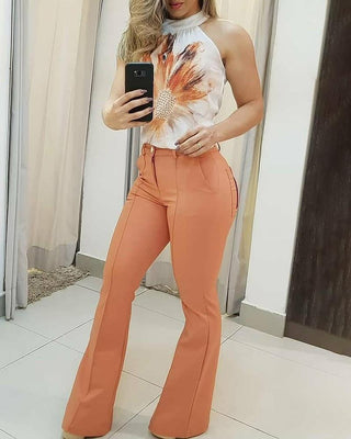 Ensemble top sans manches à imprimé floral et pantalon uni