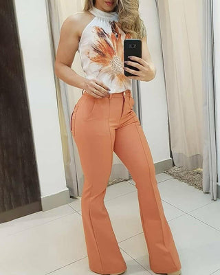 Ensemble top sans manches à imprimé floral et pantalon uni