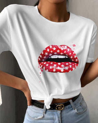 T-shirt décontracté à col rond et imprimé étoile de lèvres