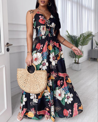 Robe longue dos nu à imprimé floral et ourlet à volants