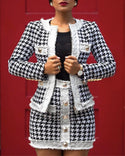 Ensemble manteau design pied-de-poule avec poche boutonnée et jupe taille haute