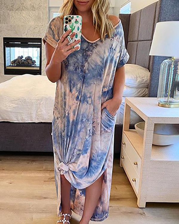 Robe décontractée à col en V imprimé tie-dye