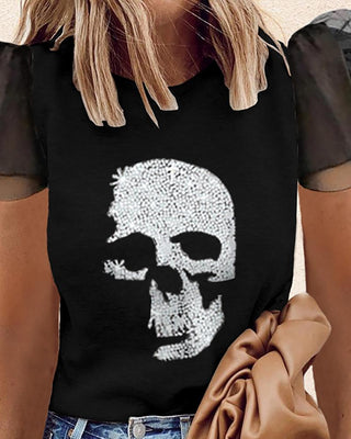 T-shirt à manches courtes en maille transparente à imprimé crâne