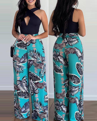 Pantalon décontracté taille haute à imprimé tropical