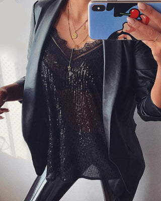 Blouse en dentelle à cils à bretelles spaghetti pailletées