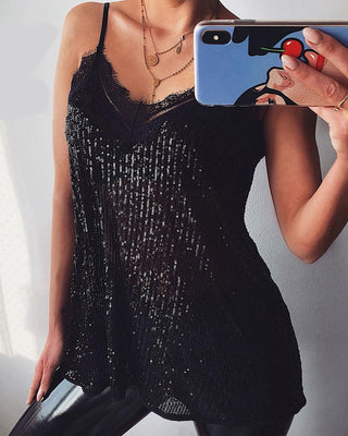 Blouse en dentelle à cils à bretelles spaghetti pailletées