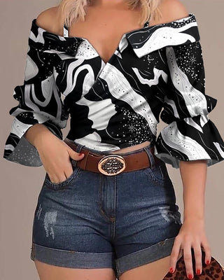 Haut à manches cloche à épaules dénudées et imprimé graphique