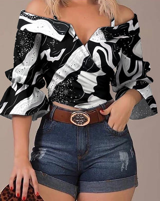 Haut à manches cloche à épaules dénudées et imprimé graphique