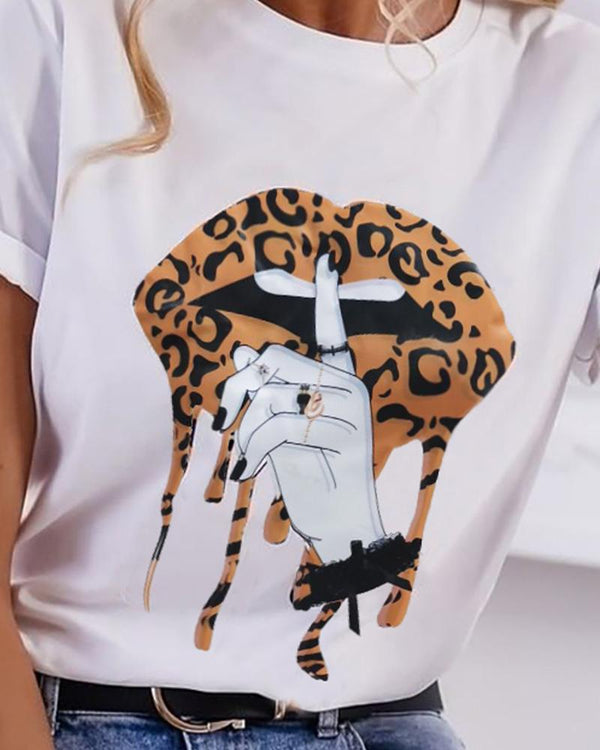 T-shirt basique imprimé léopard à lèvres