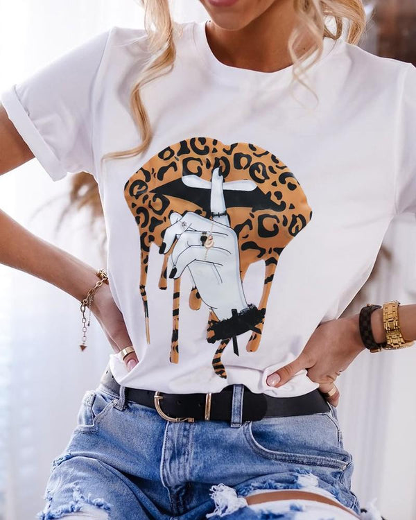 T-shirt basique imprimé léopard à lèvres