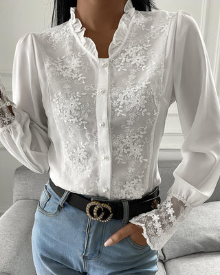 Top en dentelle crochetée à manches cloche et ourlet volant