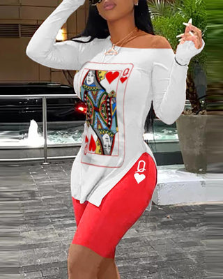 Ensemble haut et short fendu à manches longues et imprimé poker