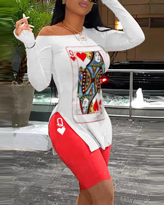 Ensemble haut et short fendu à manches longues et imprimé poker