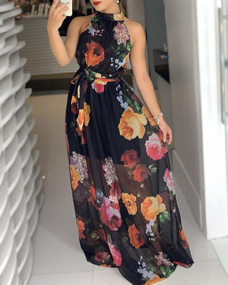 Robe longue col rond imprimé fleuri