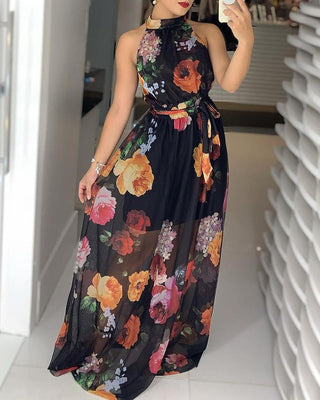Robe longue col rond imprimé fleuri