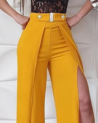 Pantalon large uni taille haute fendue