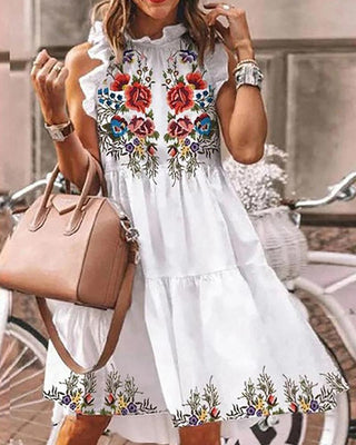 Robe décontractée sans manches à imprimé floral et ourlet volant