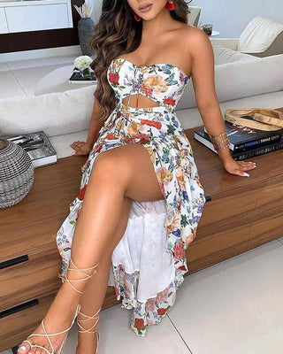 Robe bandeau fleurie à imprimé papillon et fente haute