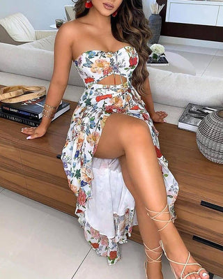 Robe bandeau fleurie à imprimé papillon et fente haute