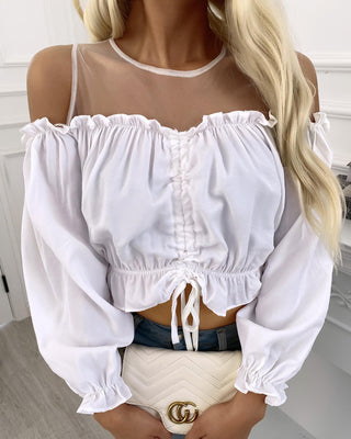 Haut froncé en maille transparente à ourlet volanté