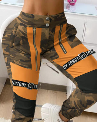 Pantalon cargo taille haute à imprimé lettre camouflage