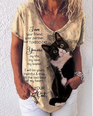 T-shirt à manches courtes imprimé chat et lettre