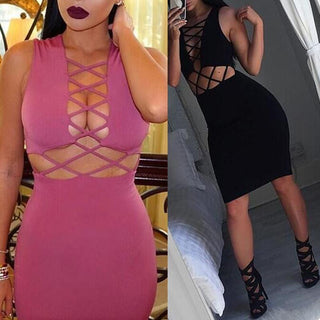 Femmes Sexy Lace Up V Neck sans manches Slim Party Bodycon Dress