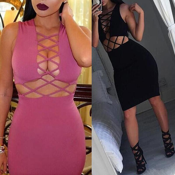 Femmes Sexy Lace Up V Neck sans manches Slim Party Bodycon Dress