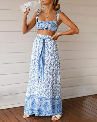 Ensemble haut et jupe à imprimé floral avec bretelles à nouer