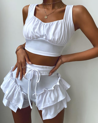Ensemble top caraco court et pantalon à lacets à ourlet volanté uni