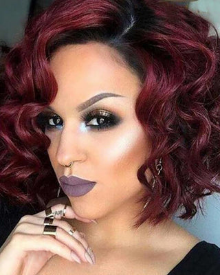Perruques courtes bouclées Bob de 12,60 pouces perruques de cheveux synthétiques Ombre rouge avec capuchon gratuit